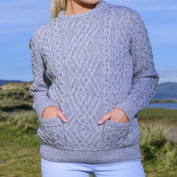 Aran Crafts Cable Crew Neck Sweater with Pockets - Picture 1 of 5